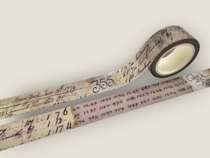 Single washi tape roll and strip with numbers and map-like vintage print