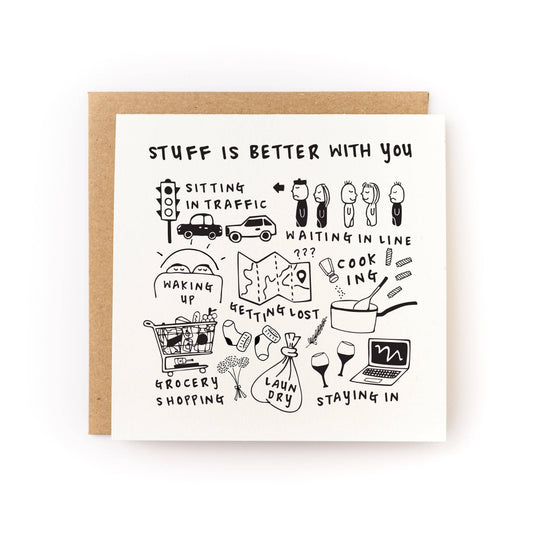 Letterpress love & friendship card with black text and line-art errands scene