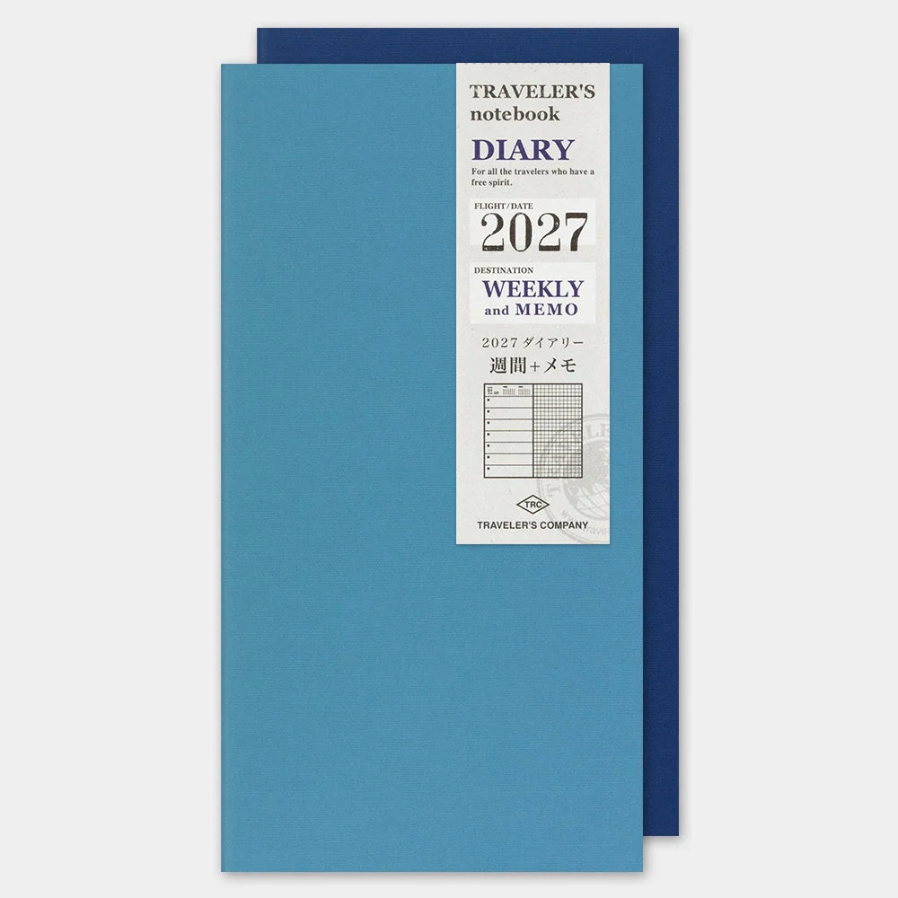 2027 weekly memo diary notebook with blue cover and printed title on top