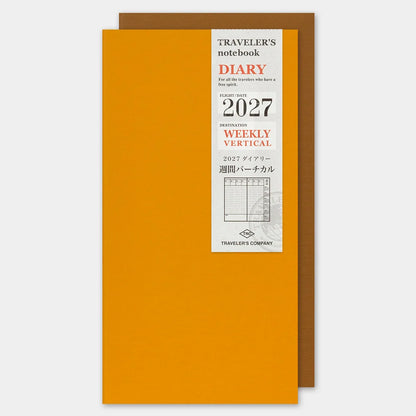 Mustard-orange diary notebook cover with 2027 weekly vertical printed schedule