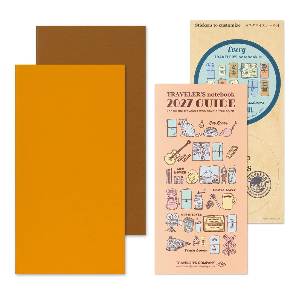 Travelers notebook covers in dark brown and mustard yellow with sticker sheet
