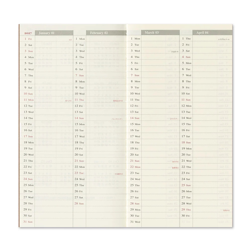 Calendar spread with weekly date grids for 2027, January through April