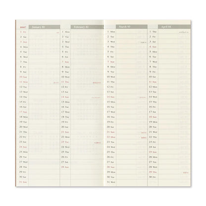 Calendar spread with weekly date grids for 2027, January through April