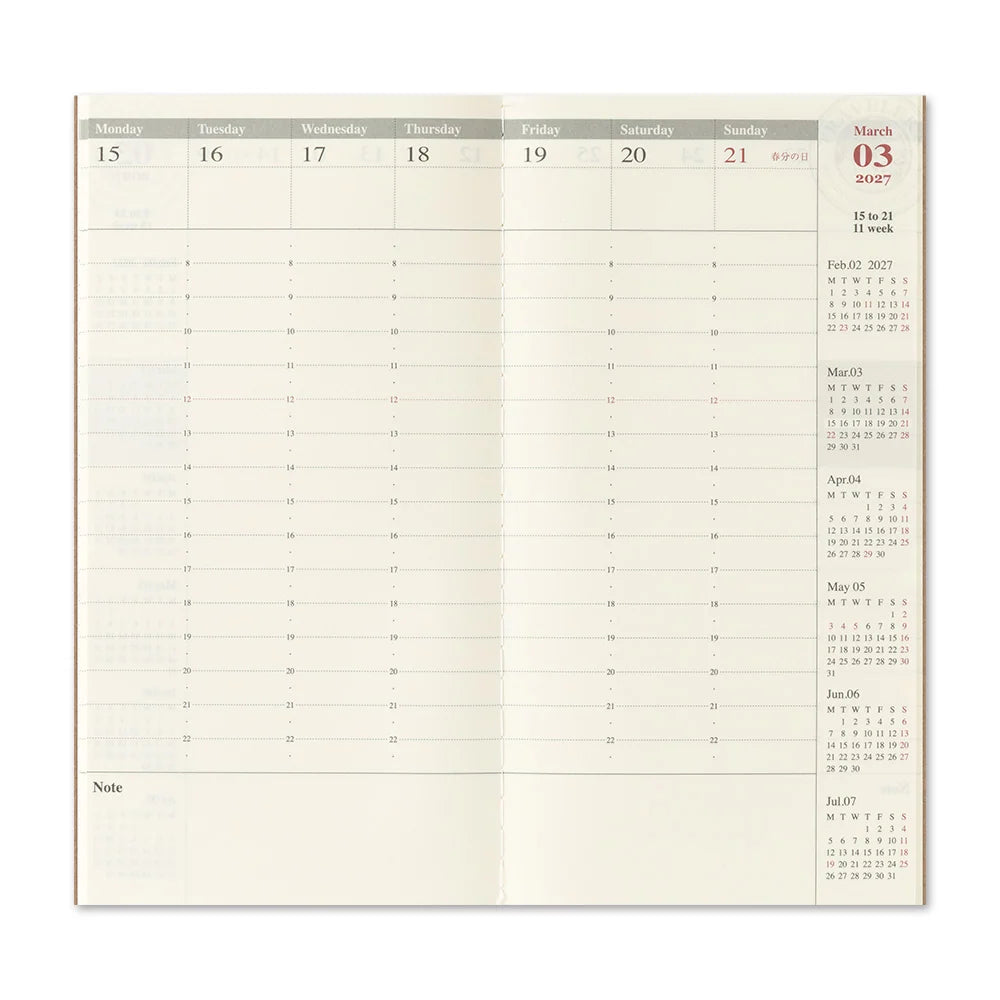 Cream planner page with month grid and weekly date layout for 2027
