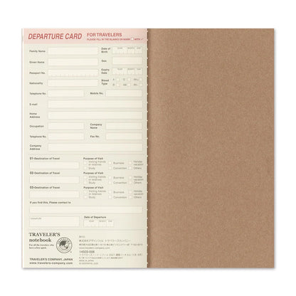 Brown departure card insert with form fields for Travelers notebook