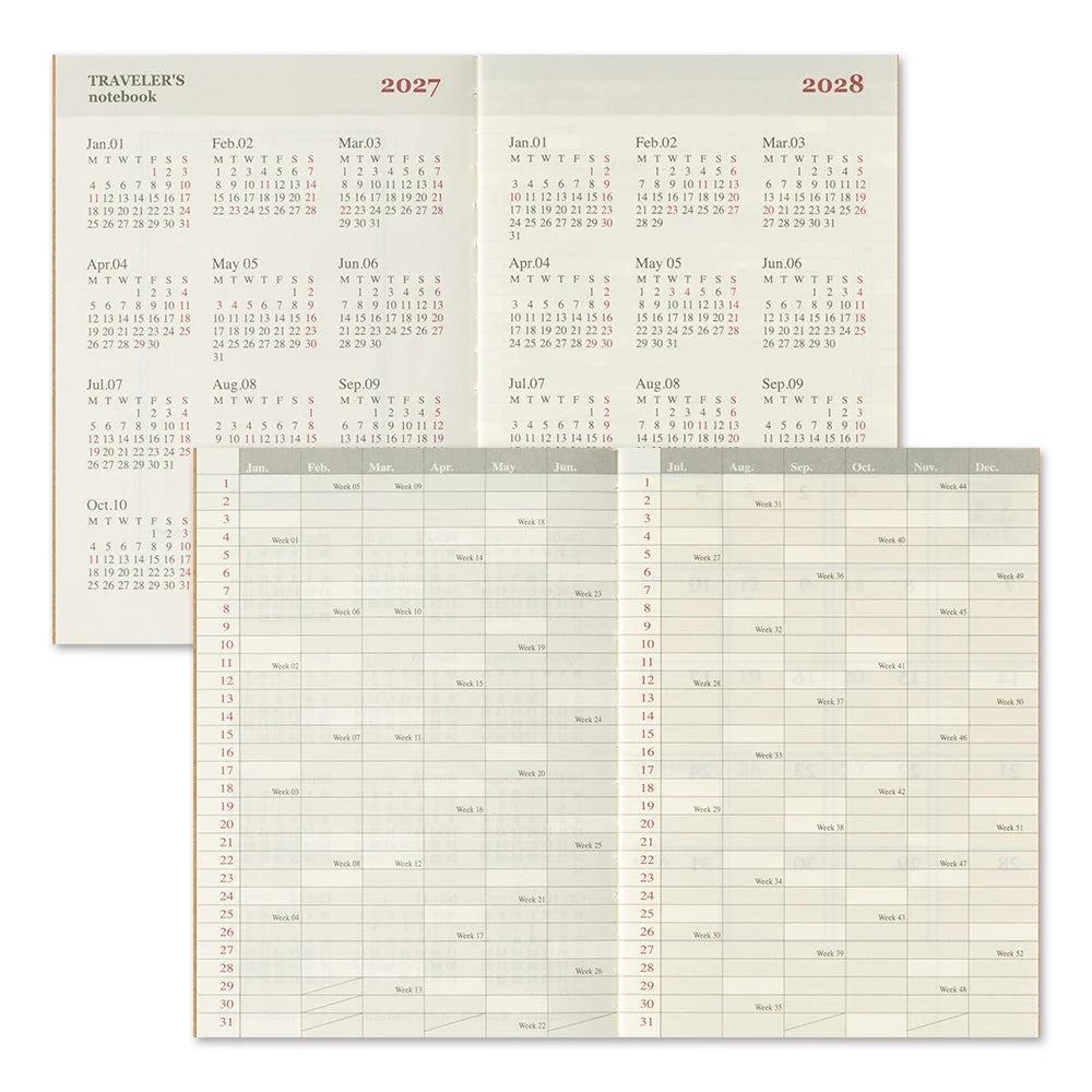 Two-page monthly spread showing 2027 and 2028 calendars with small date boxes.