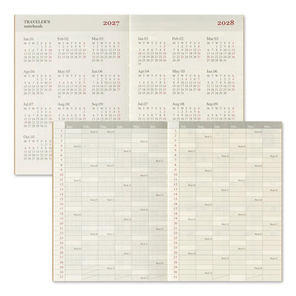 Two-page monthly spread showing 2027 and 2028 calendars with small date boxes.