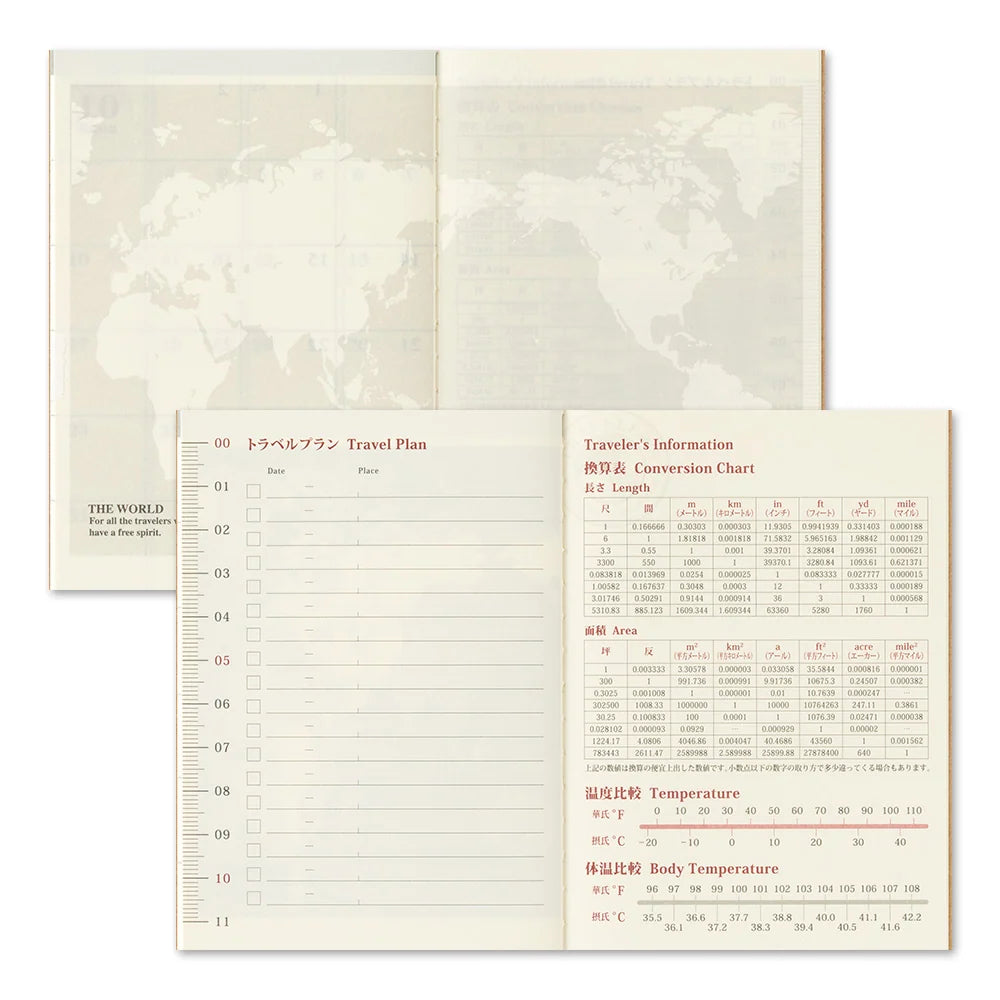 Passport-size travel plan notebook pages with world map and information table.