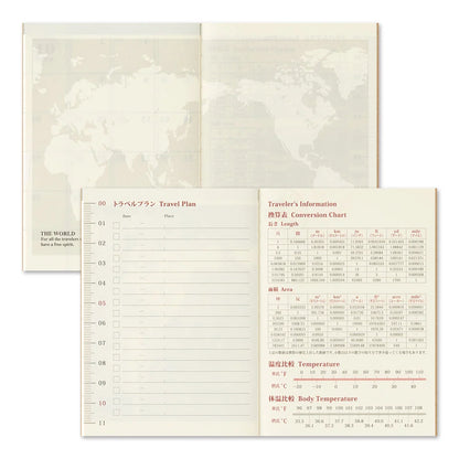 Passport-size travel plan notebook pages with world map and information table.