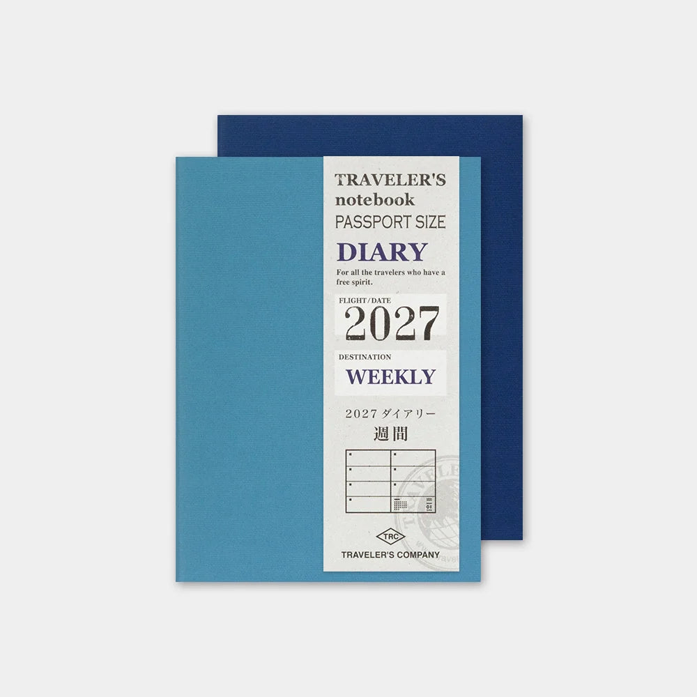 Passport-size weekly diary with blue cover and white 2027 label
