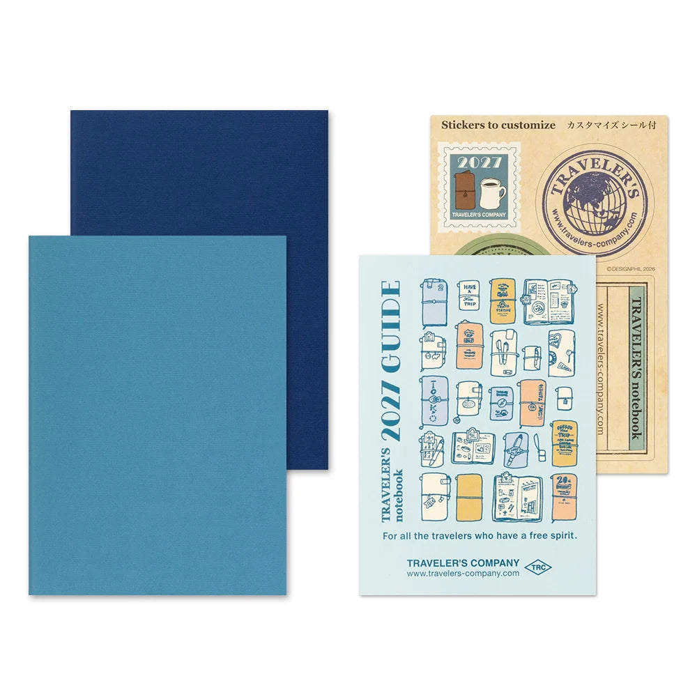 Passport-size weekly diary set with blue covers and sticker sheets