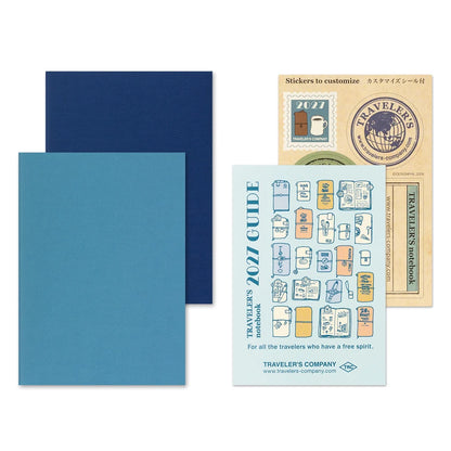 Passport-size weekly diary set with blue covers and sticker sheets