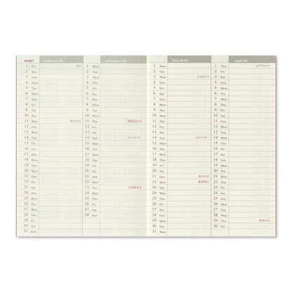 Monthly calendar spread grid with date numbers and light red notes