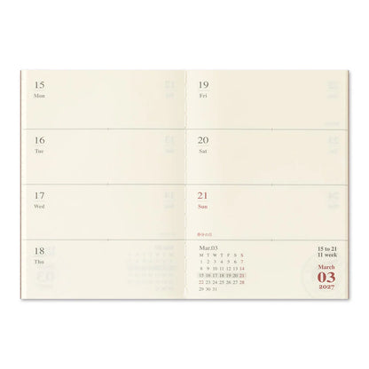 Weekly calendar spread with date boxes and small 2027 marking