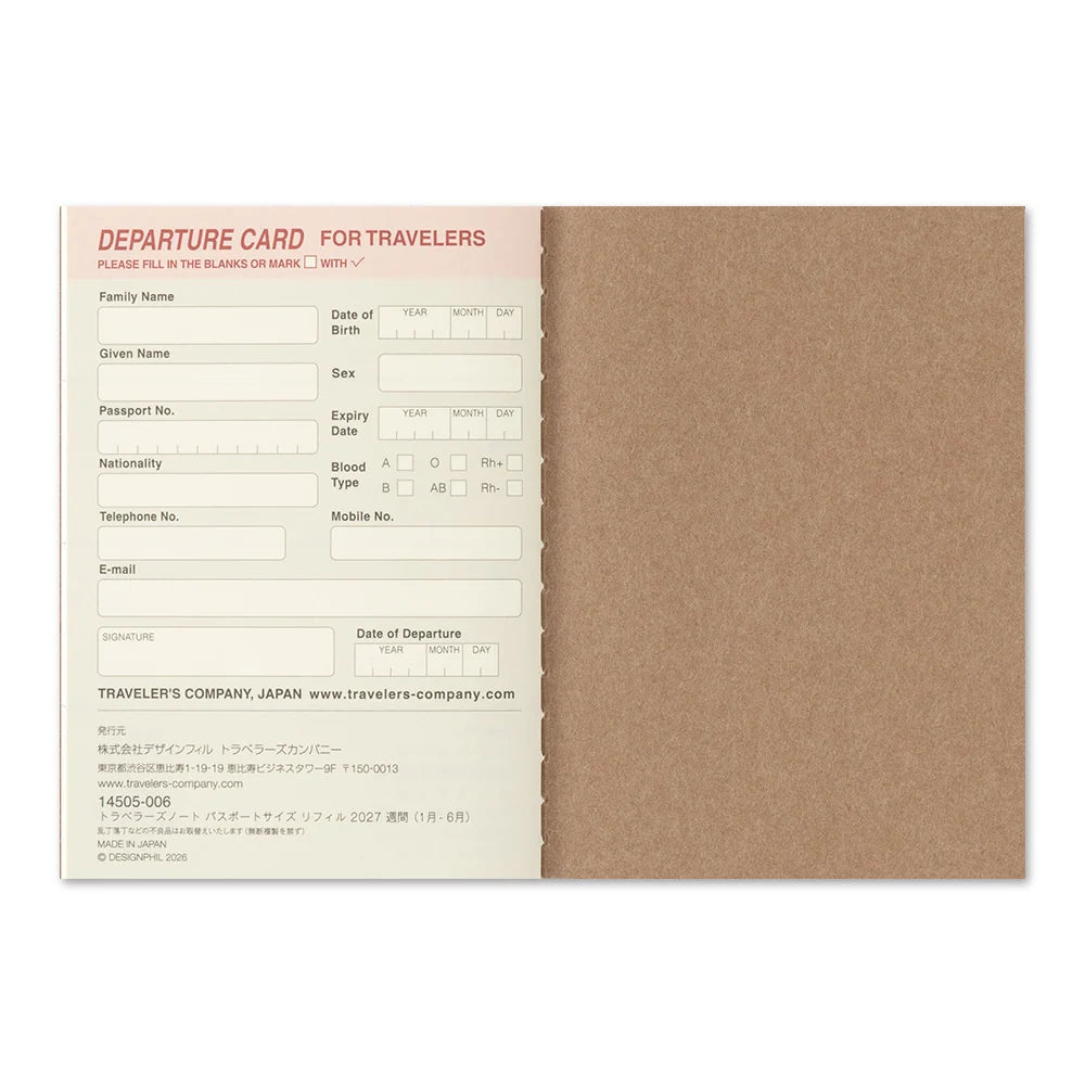 Departure card booklet page with form fields and tan back cover