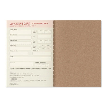 Departure card booklet page with form fields and tan back cover