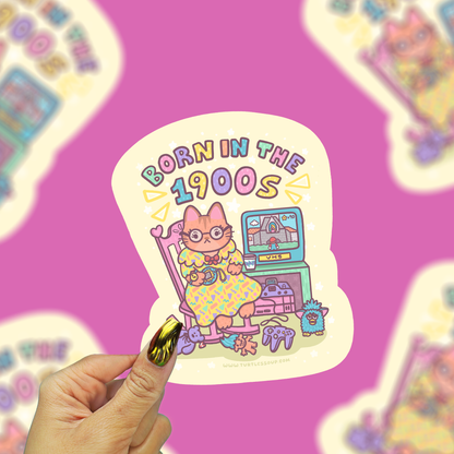 Vinyl sticker featuring a cat and laptops with 'Born in the 1900s' text