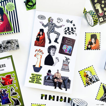 Sticker sheet with multiple Beetlejuice-style character illustrations and quotes
