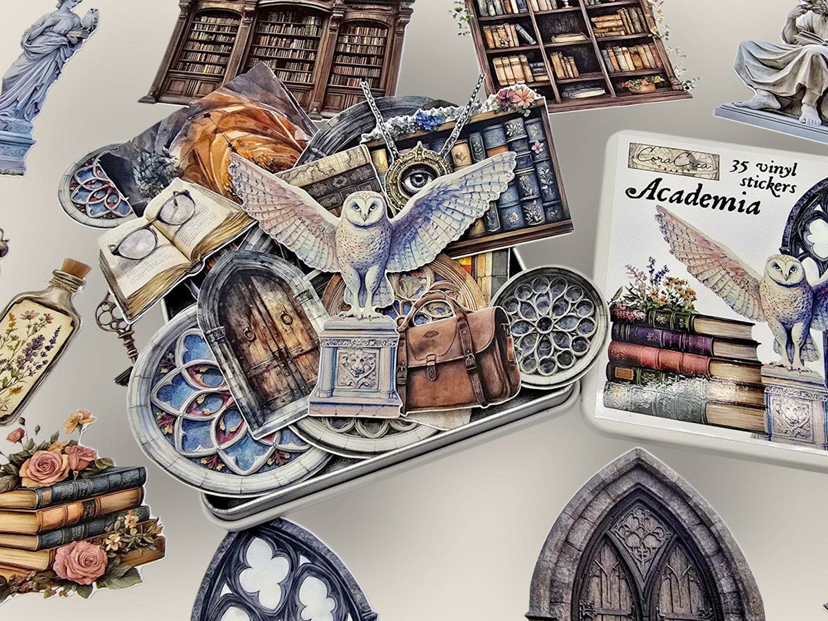 Academia sticker tin box stickers spread: bookshelf, winged owl, windows and scrolls