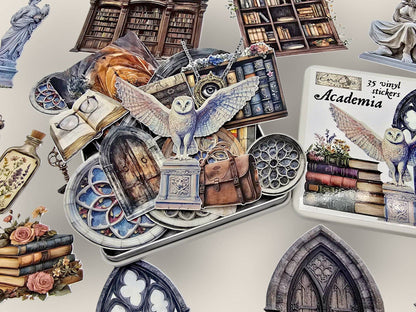 Academia sticker tin box stickers spread: bookshelf, winged owl, windows and scrolls
