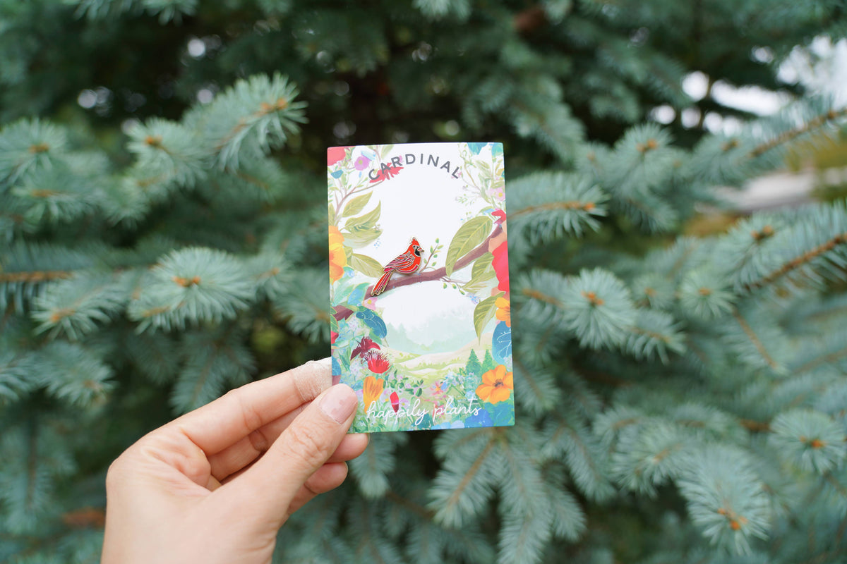 Floral bird gift card with red cardinal and leaves artwork