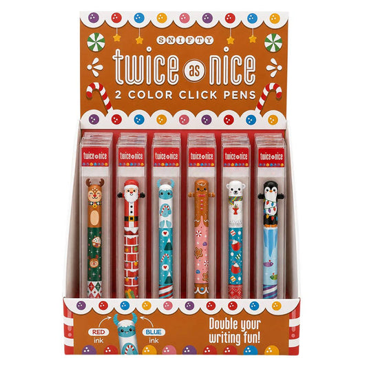Cardboard display of 30 double-color click pens with festive characters and striped designs