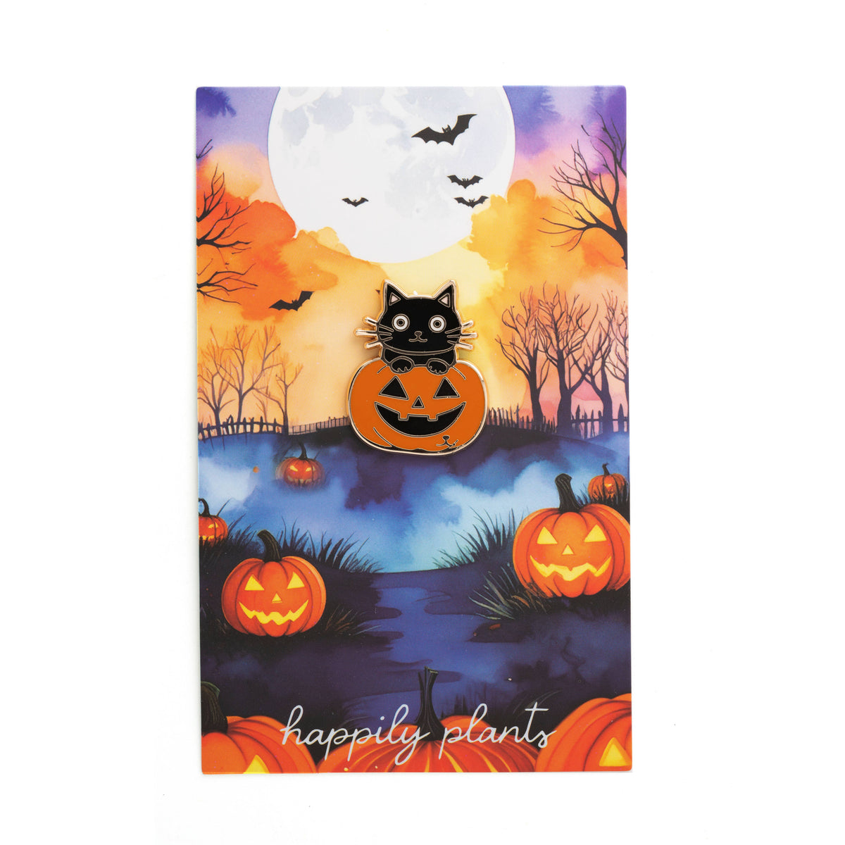 Halloween cat pumpkin pin artwork on a colorful greeting card