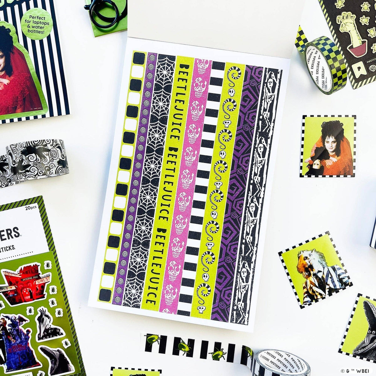 Striped sticker sheet featuring vertical purple, yellow, and black bands with icons