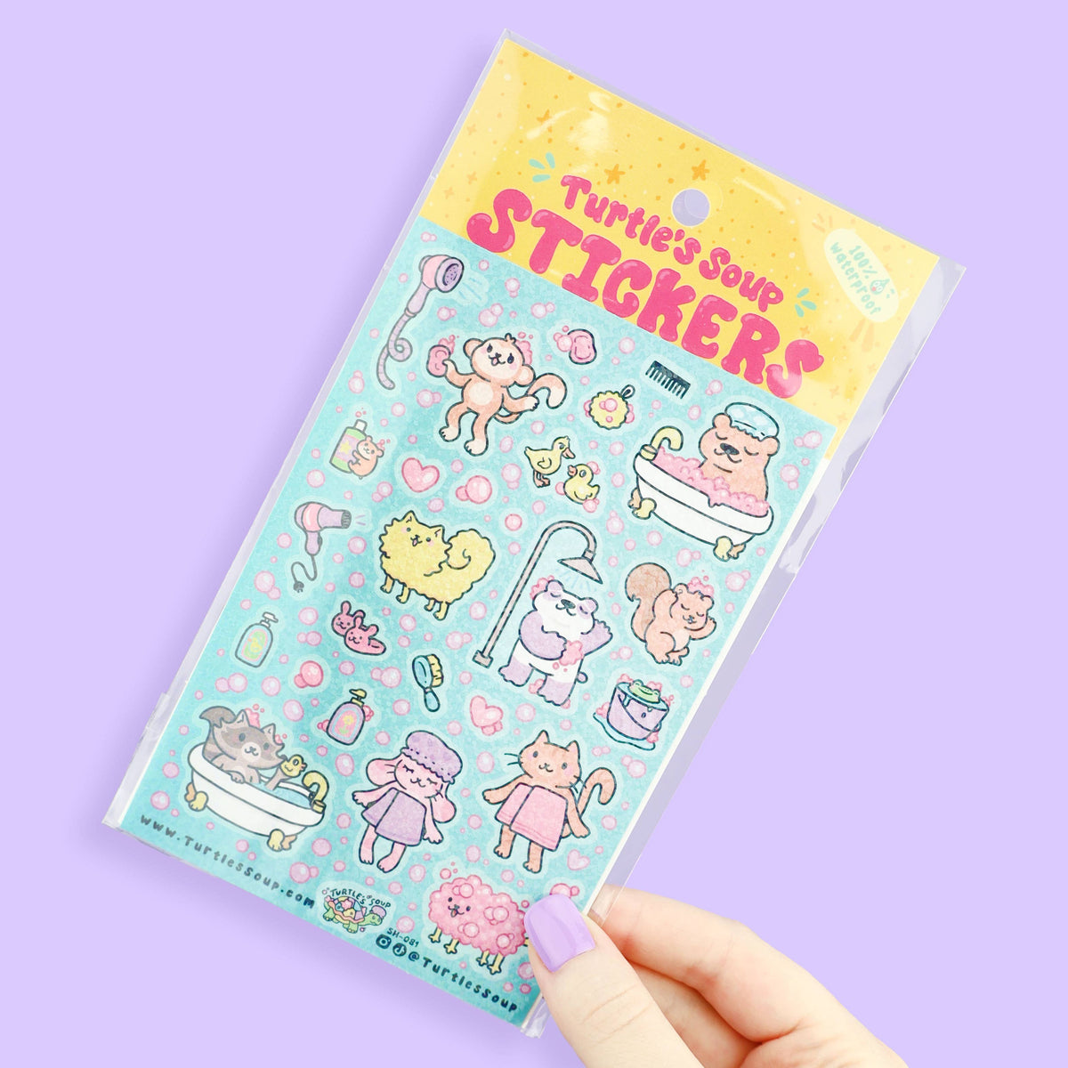 Handheld glitter sticker sheet with bath animals and 'Turtlesoup Stickers' header