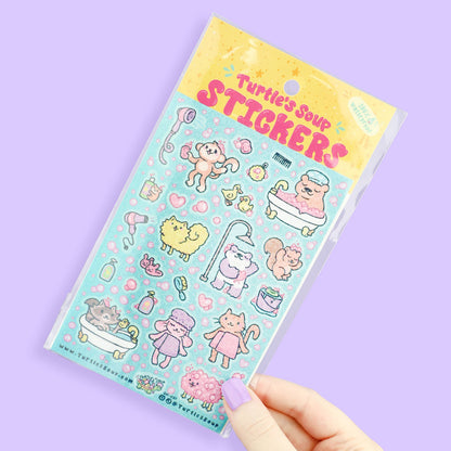 Handheld glitter sticker sheet with bath animals and 'Turtlesoup Stickers' header