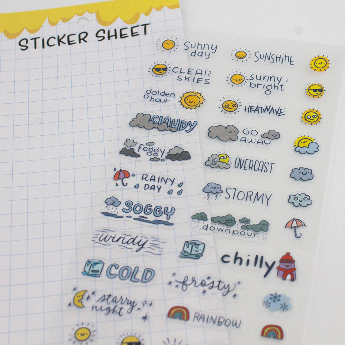 Close-up of weather stickers: cloudy, foggy, rainy day, soggy, windy, and cold