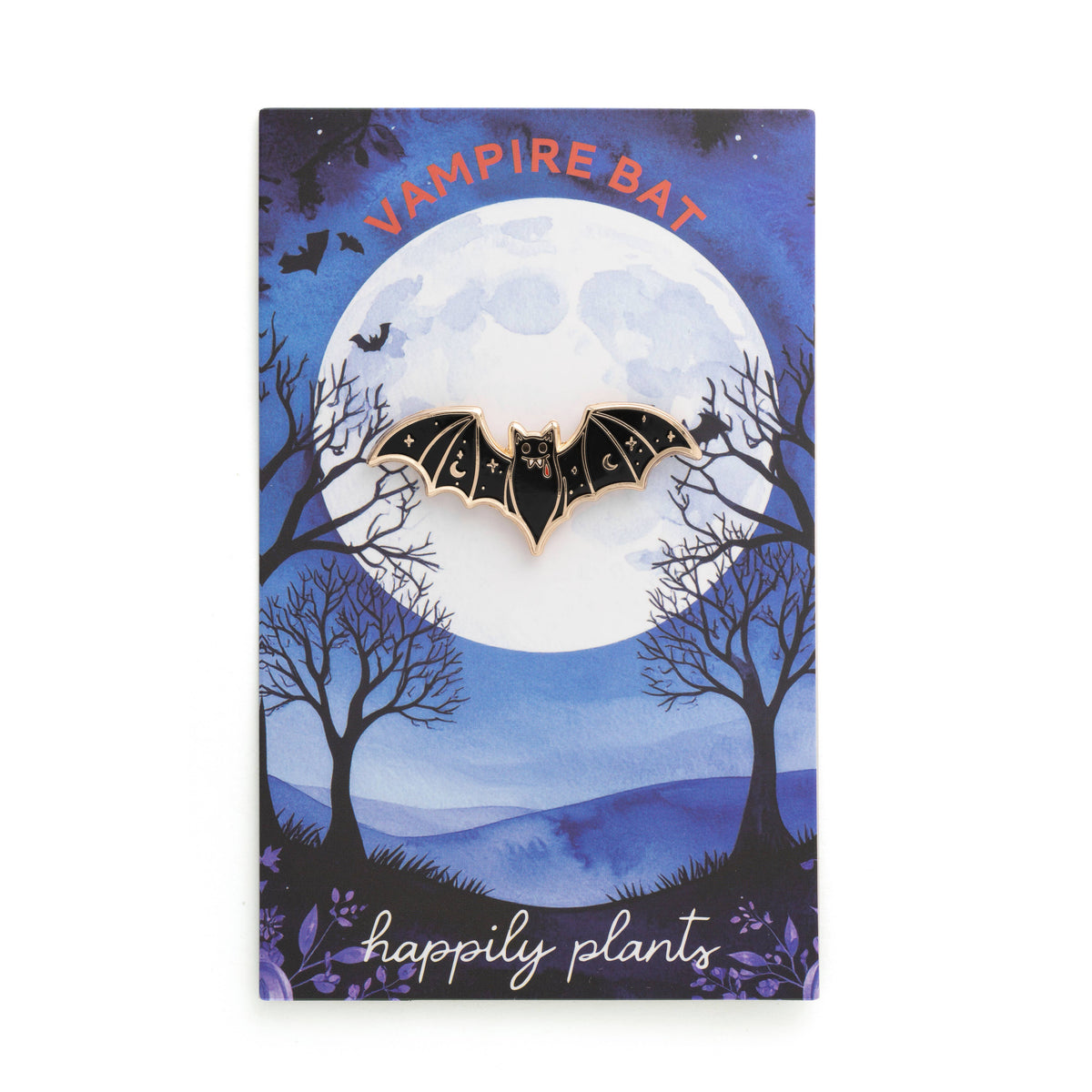 Vampire bat gift card with moonlit forest scene and a bat pin illustration