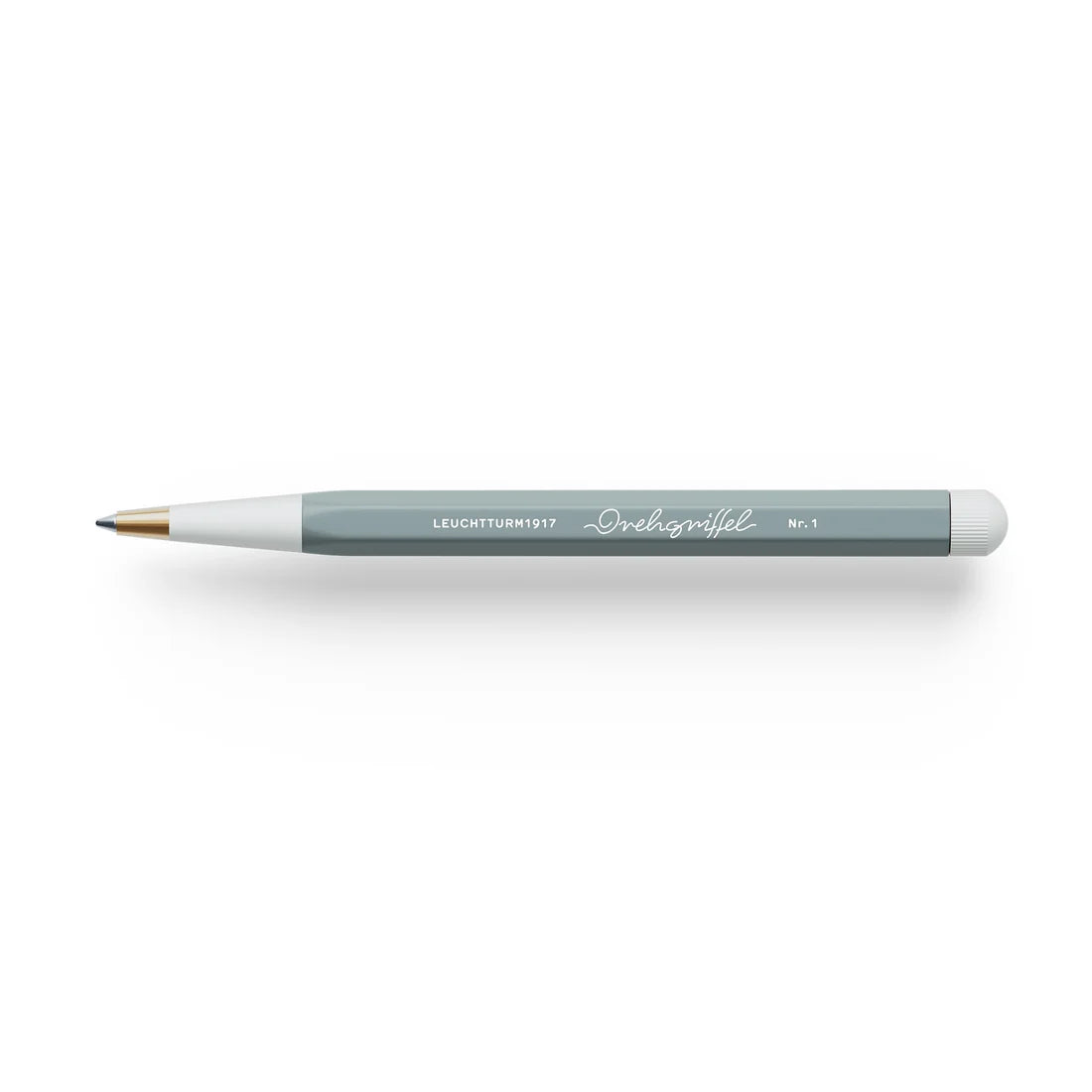 Ballpoint pen with gray barrel and white grip, blue ink, No. 1