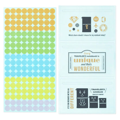 Sticker sheet set with gold-to-blue dot pattern and charm-themed icons for notebook customization