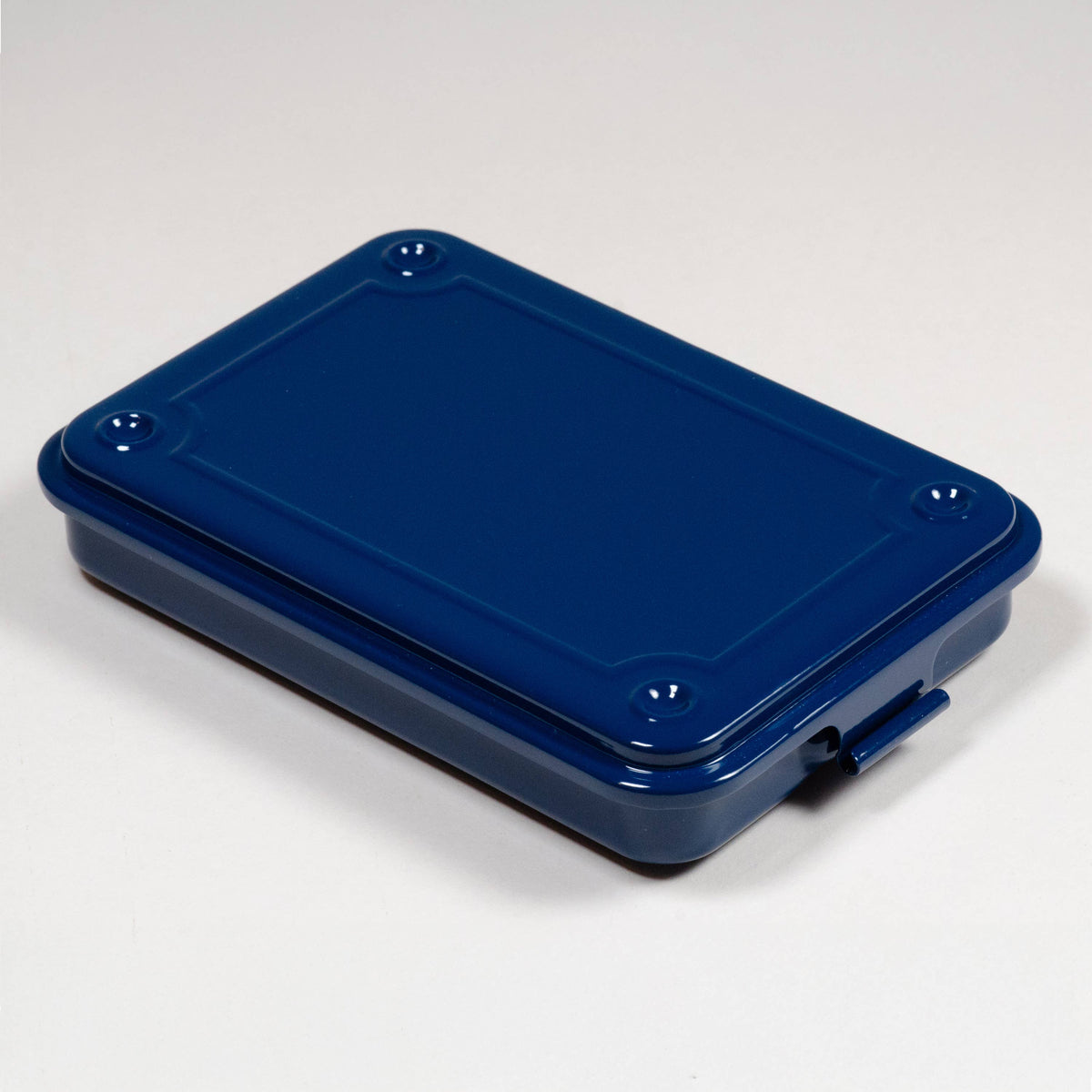 Toyo steel stackable storage box with fitted lid and front clasp, navy