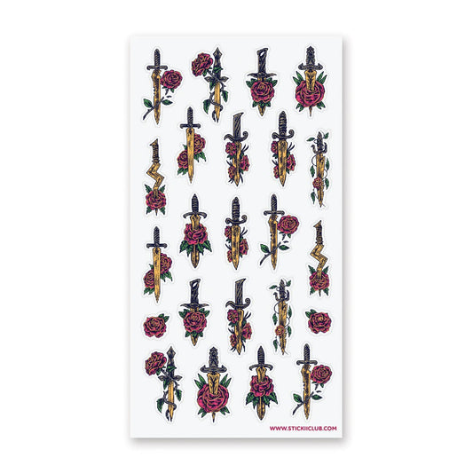 Floral sword tattoo-style sticker sheet with rose, dagger, and cross designs