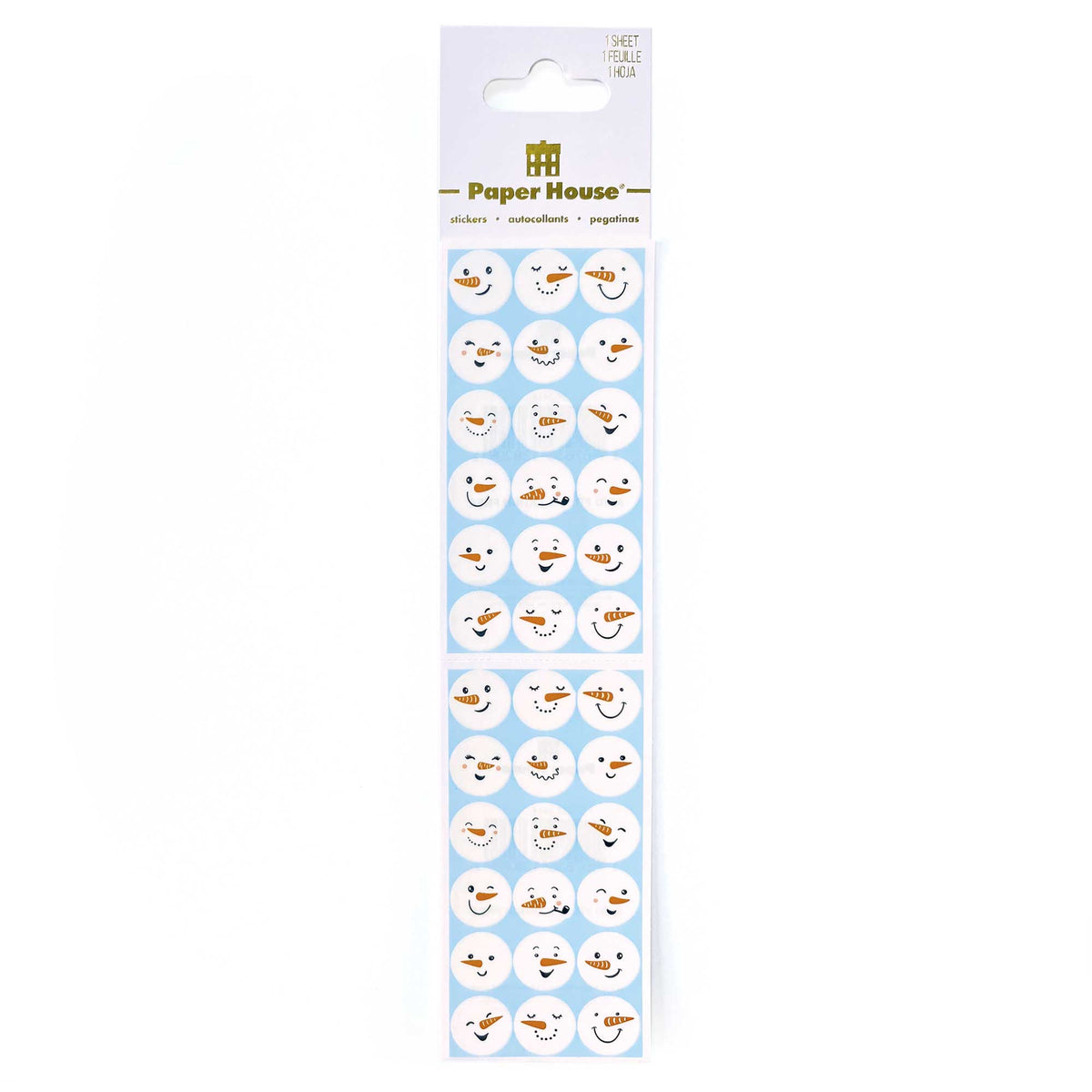Snowman face sticker sheets in blister pack, blue circles with smiling faces
