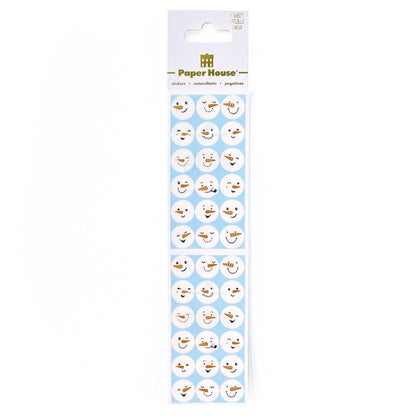 Snowman face sticker sheets in blister pack, blue circles with smiling faces