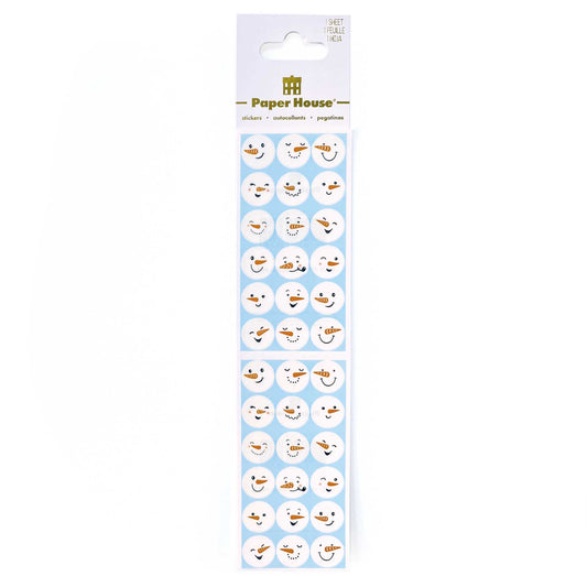 Snowman face sticker sheets in blister pack, blue circles with smiling faces