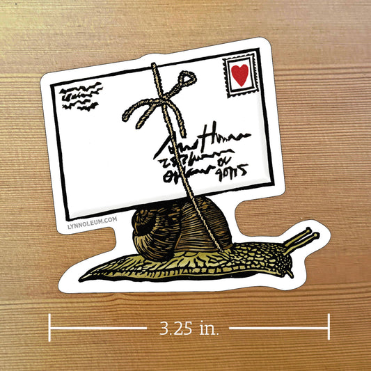 Snail and envelope mail sticker with red heart stamp and white outline