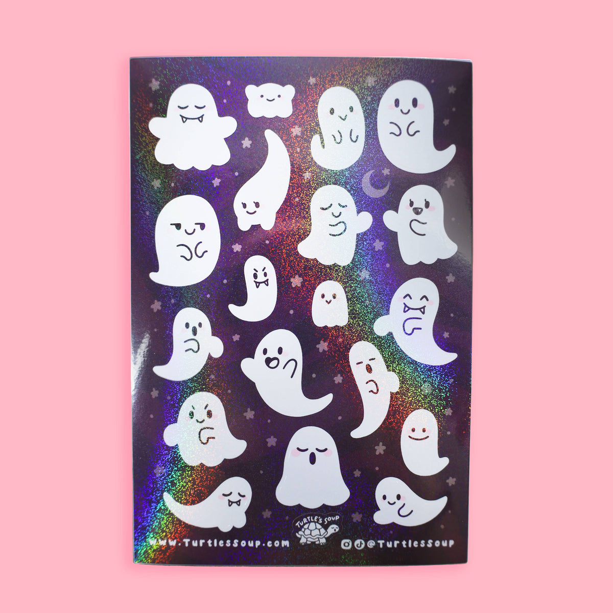 Cute ghost character sticker sheet with varied smiling white ghost shapes