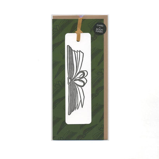 Paper bookmark card: white tag with black bow line art on green patterned backing