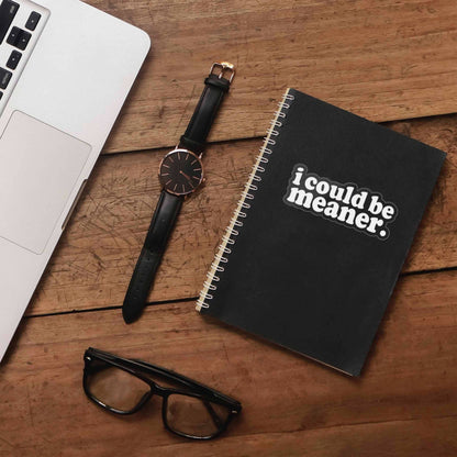 Funny quote sticker reading "i could be meaner." on a black journal cover