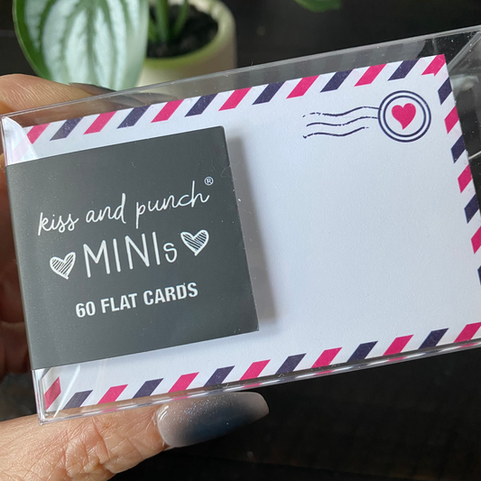 Notecard set: dark mini card with "MINIs" and "60 FLAT CARDS" text in clear sleeve