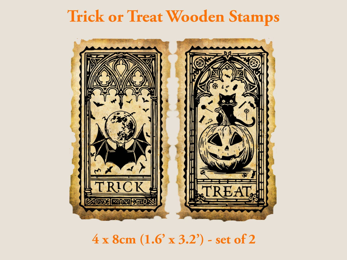 Set of 2 Halloween wooden stamps: cat with pumpkin and 'TRICK/TREAT' design