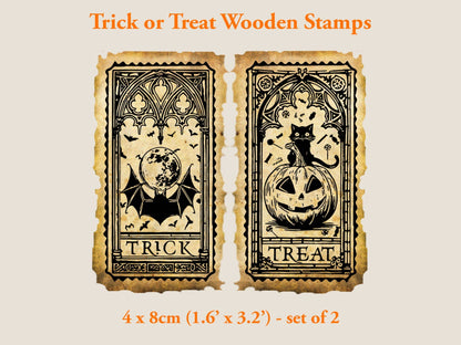 Set of 2 Halloween wooden stamps: cat with pumpkin and 'TRICK/TREAT' design