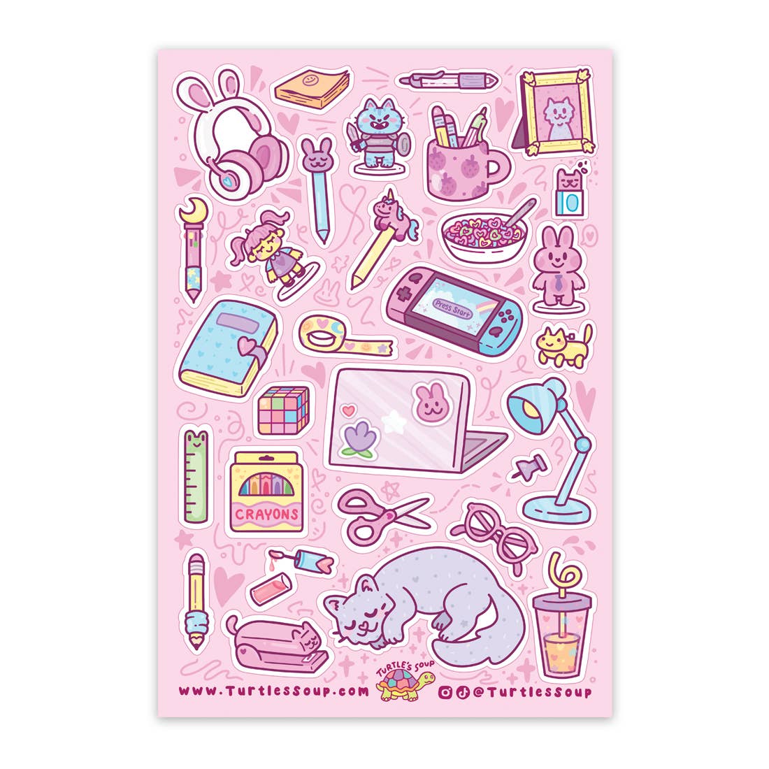 Pink glitter office stationery sticker sheet with cute icons, bunnies, and cat illustration