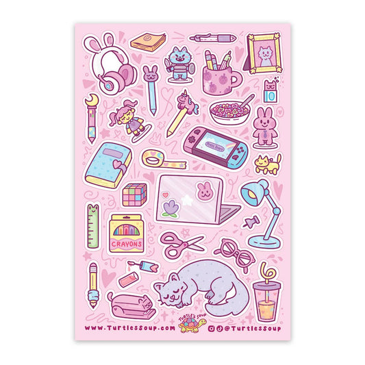 Pink glitter office stationery sticker sheet with cute icons, bunnies, and cat illustration