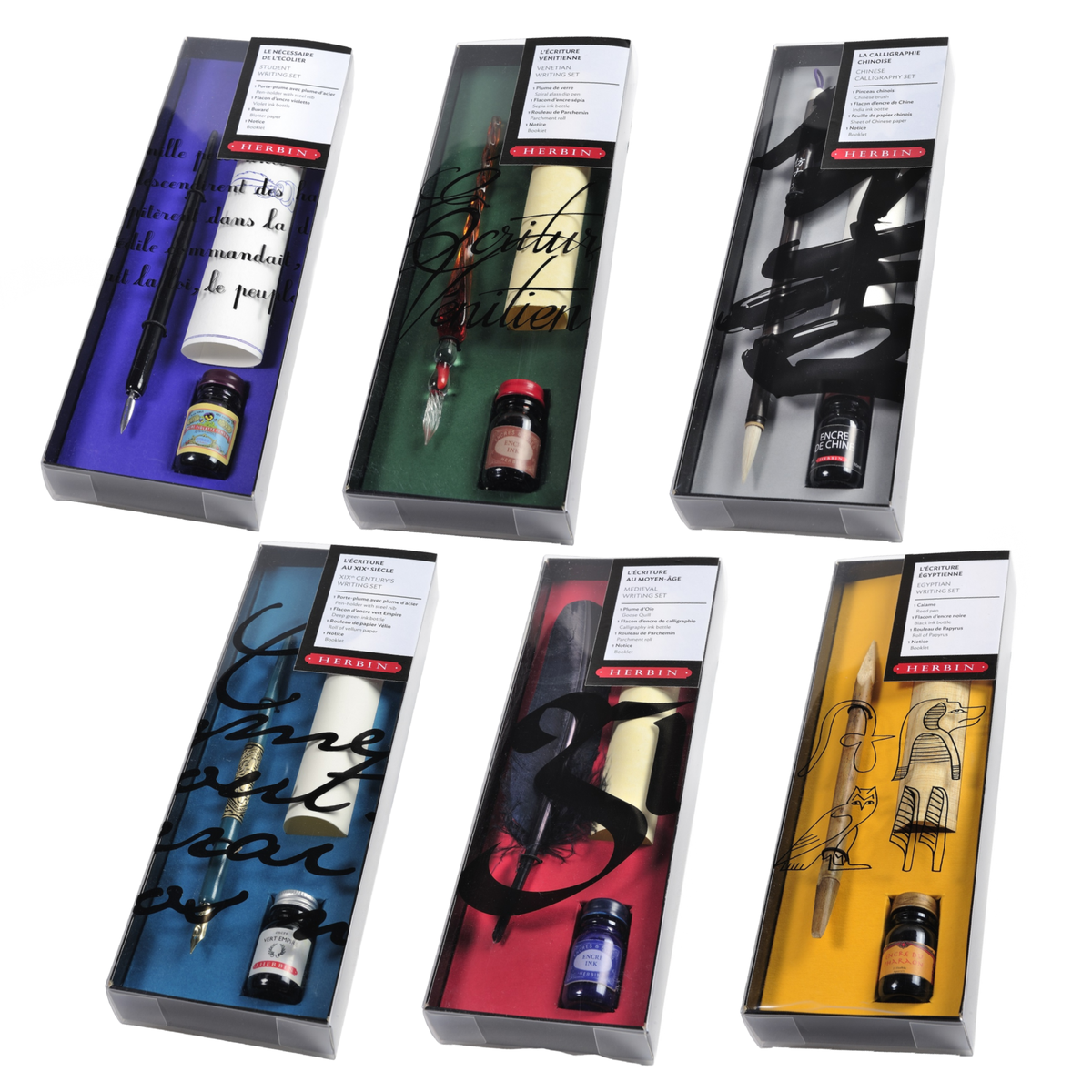 Herbin Venetian writing pen and ink gift sets shown in multiple presentation boxes