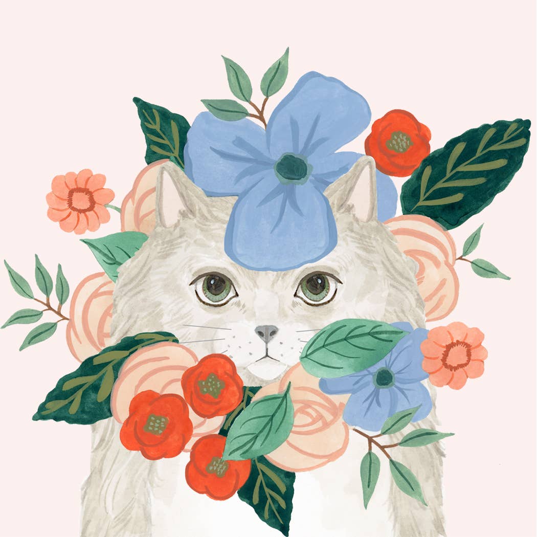 Cat portrait floral art print close-up, blue flower headpiece with orange flowers and leaves